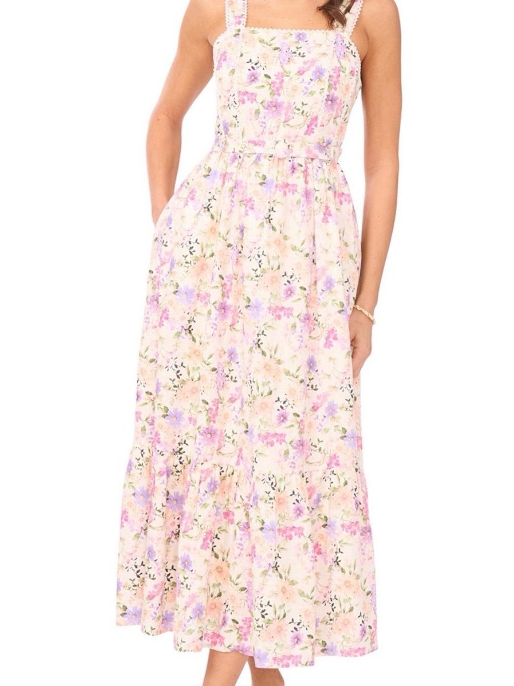 CeCe Women's Linen-Blend Floral Smocked Back Belted Linen Midi Dress